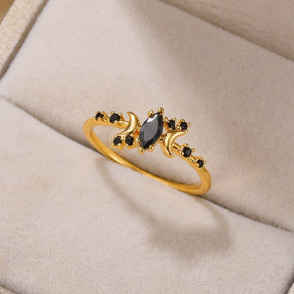 Punk Moon Ring, Gold Moon Ring, Boho Moon Ring, 18K Gold Moon Ring, Black Cubic Zirconia Ring, Punk Fashion Ring for Women, Gift for Her