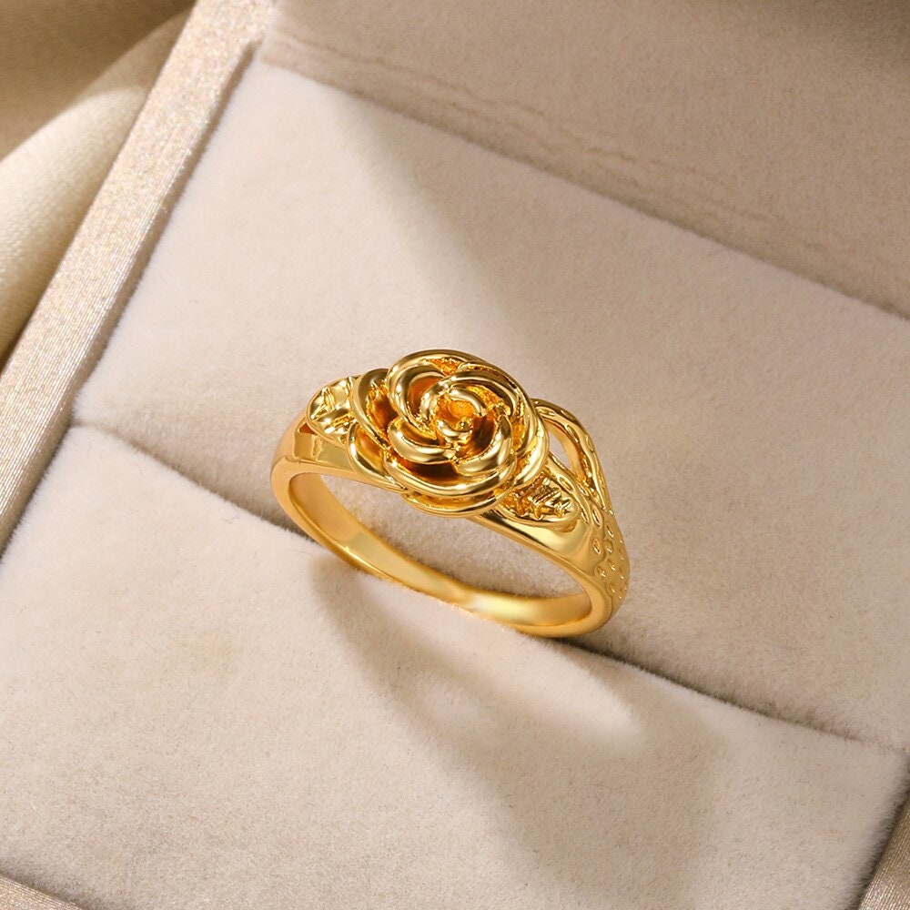 Punk Rose Ring, Gold Rose Ring, Boho Rose Ring, 18K Gold Rose Ring, Gold Flower Ring, Punk Fashion Ring for Women, Gift for Her