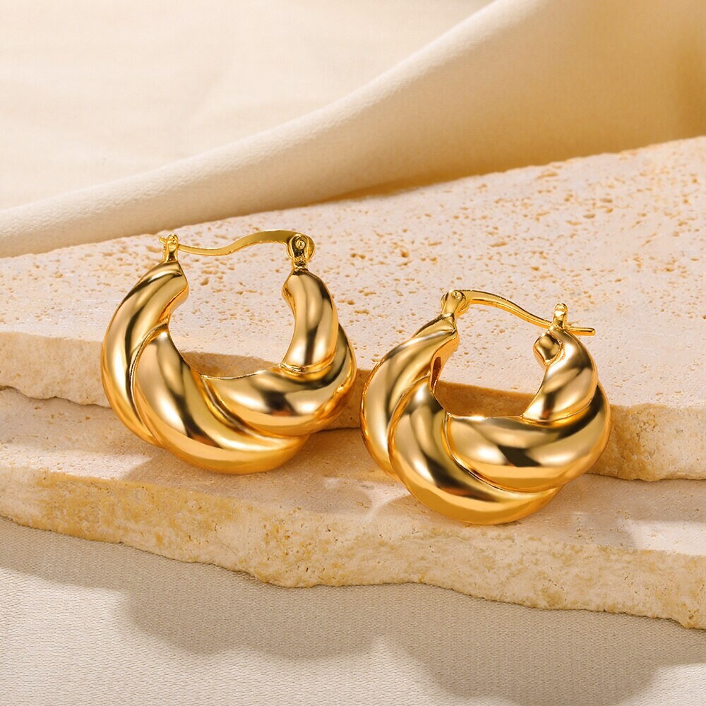 Boho Hoop Earrings, Glam Hoop Earrings, Gold Hoop Earrings, Twist Hoop Earrings, 18K Gold, Punk Hoops for Women, Gift for Her