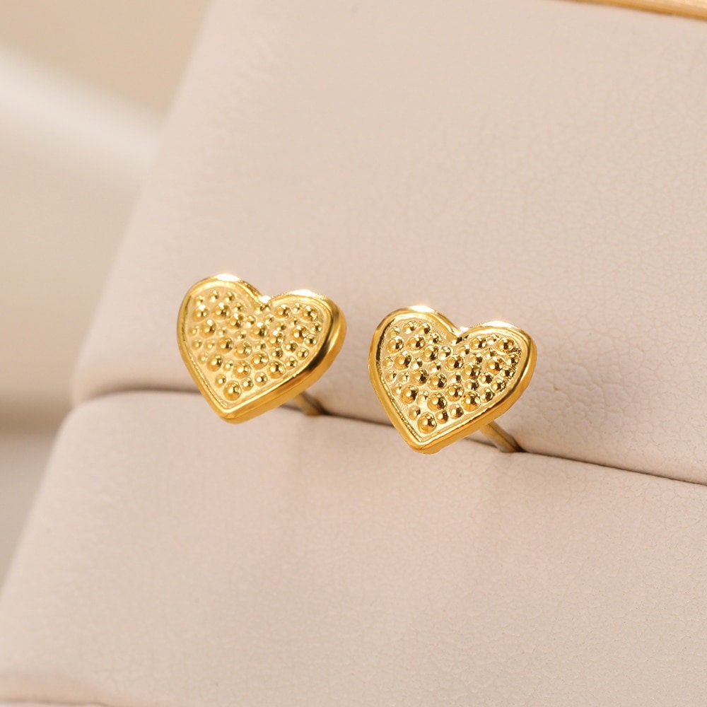 Punk Heart Studs Earrings, Boho Heart Studs Earrings, Gold Heart Earrings, 18K Gold Heart Earrings, Dainty Minimalist, Gift for Her