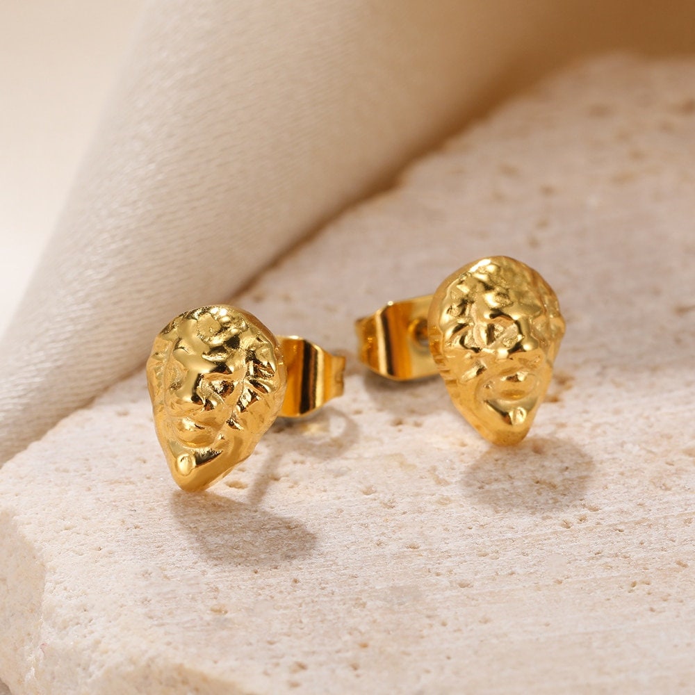 Boho Lion Studs Earrings, Punk Lion Studs Earrings, Gold Lion Head Earrings, 18K Gold Earrings, Dainty Minimalist for Women, Gift for Her
