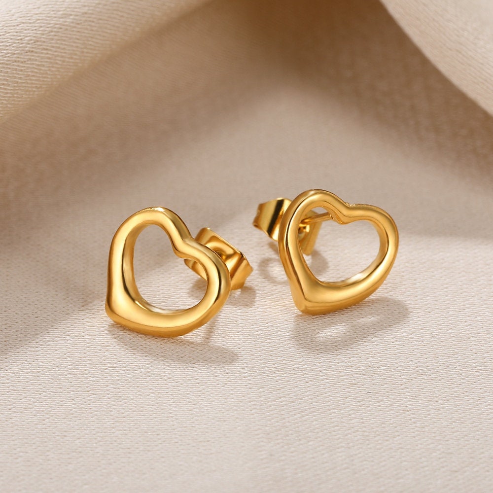 Boho Heart Studs Earrings, Punk Heart Studs Earrings, Gold Heart Earrings, 18K Gold Earrings, Dainty Minimalist for Women, Gift for Her