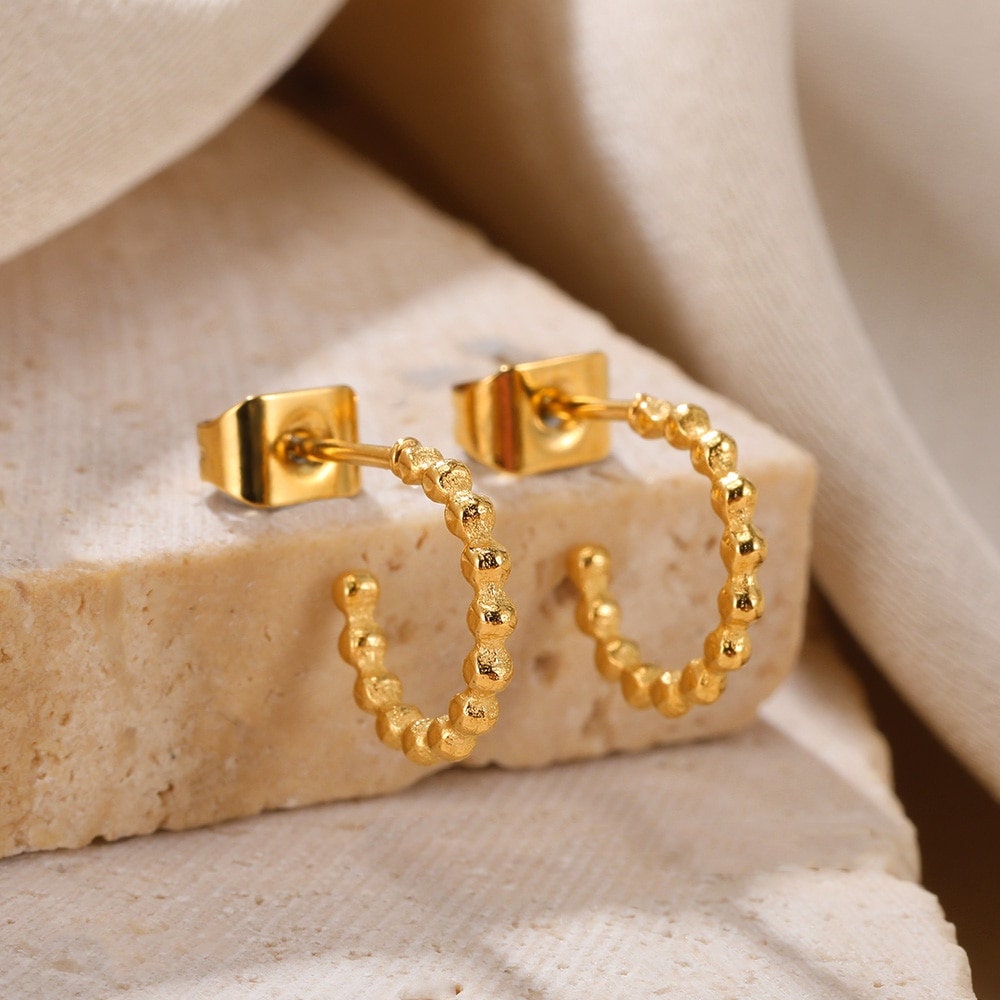 Boho Beads Studs Earrings, Punk Beads Studs Earrings, Gold Heart Earrings, 18K Gold Earrings, Dainty Minimalist for Women, Gift for Her
