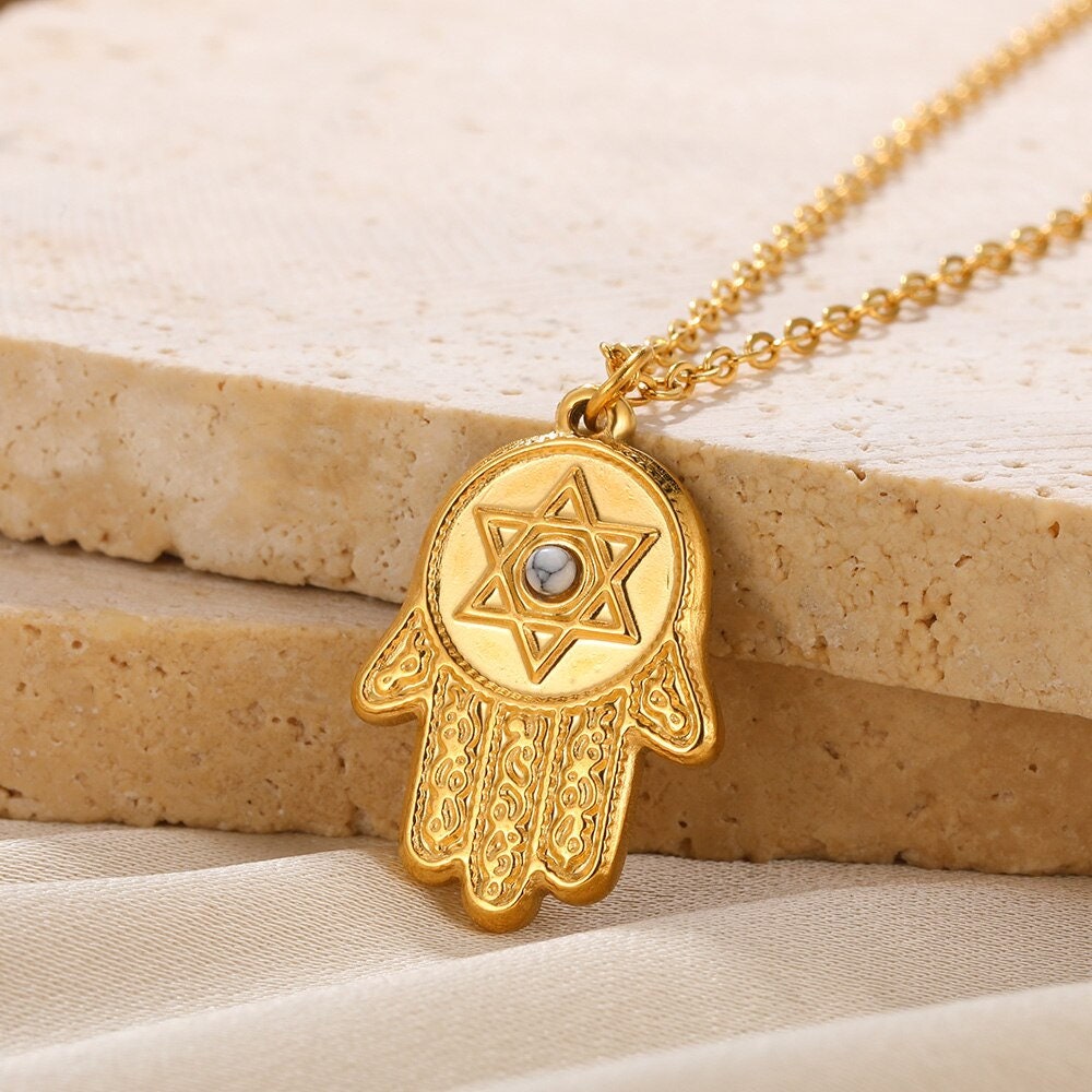 Punk Hamsa Pendant, Hamsa Evil Eye Pendant, Gold Hamsa Pendant, 18K Gold Necklace, Hamsa Evil Eye Protection Amulet for Women, Gift for Her