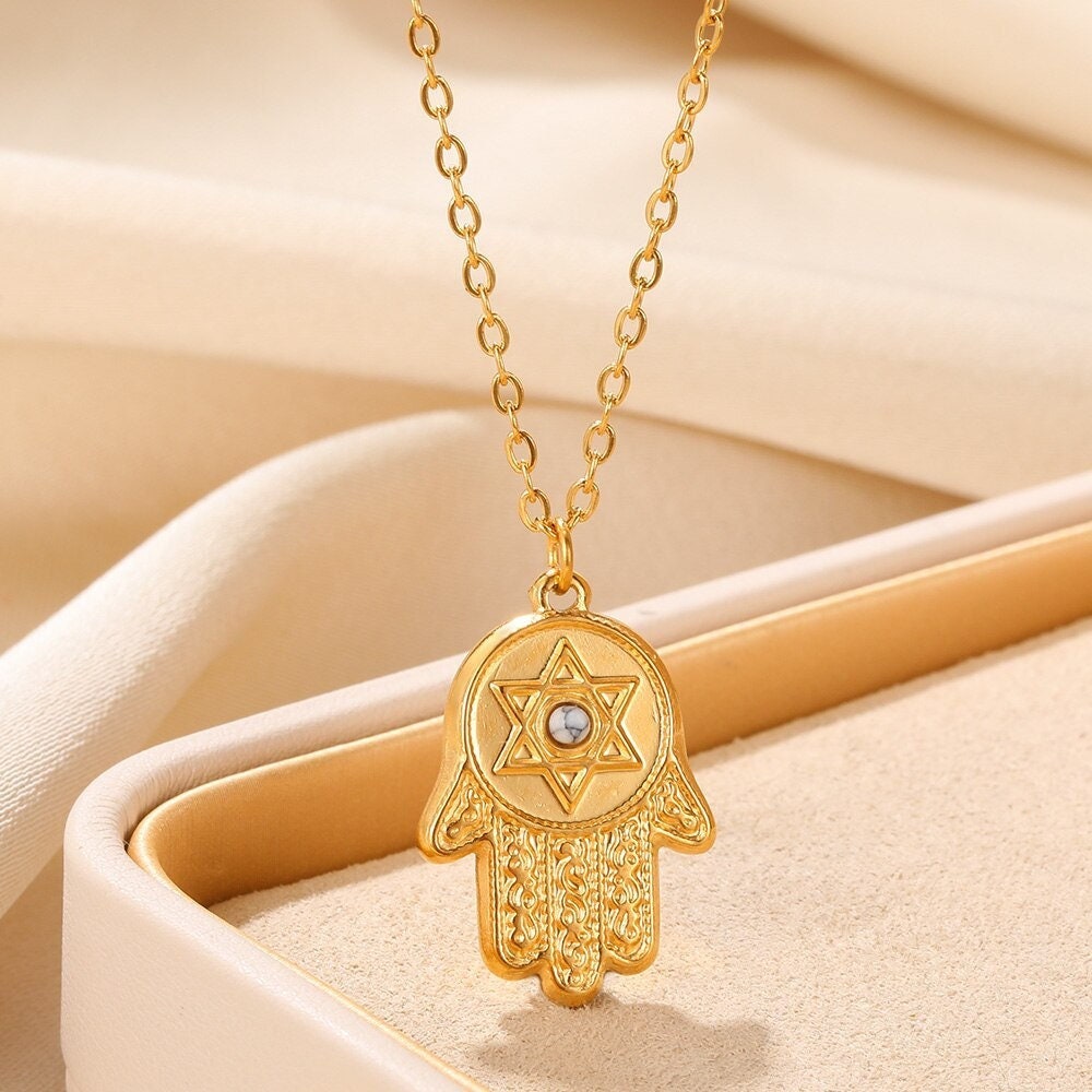 Punk Hamsa Pendant, Hamsa Evil Eye Pendant, Gold Hamsa Pendant, 18K Gold Necklace, Hamsa Evil Eye Protection Amulet for Women, Gift for Her