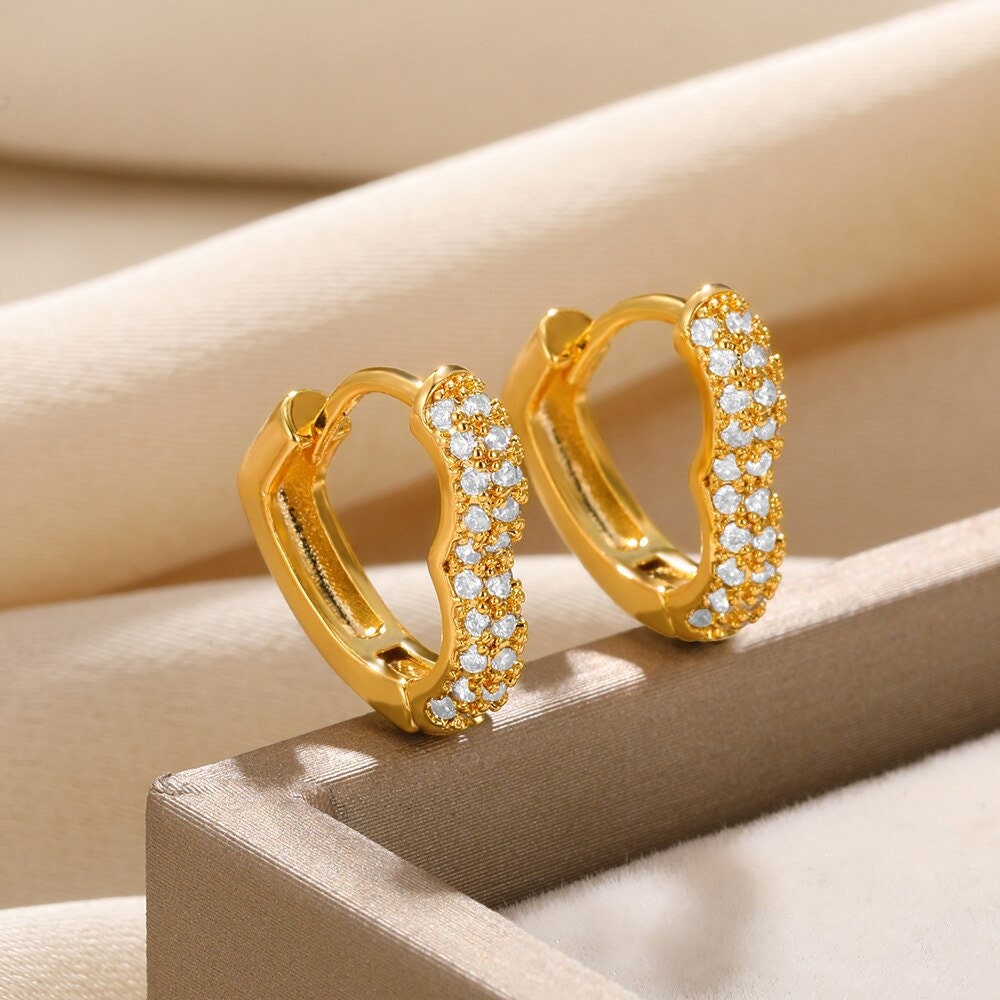 Boho Heart Studs Earrings, Punk Heart Studs Earrings, Cubic Zirconia Heart Earrings, 18K Gold, Dainty Minimalist for Women, Gift for Her