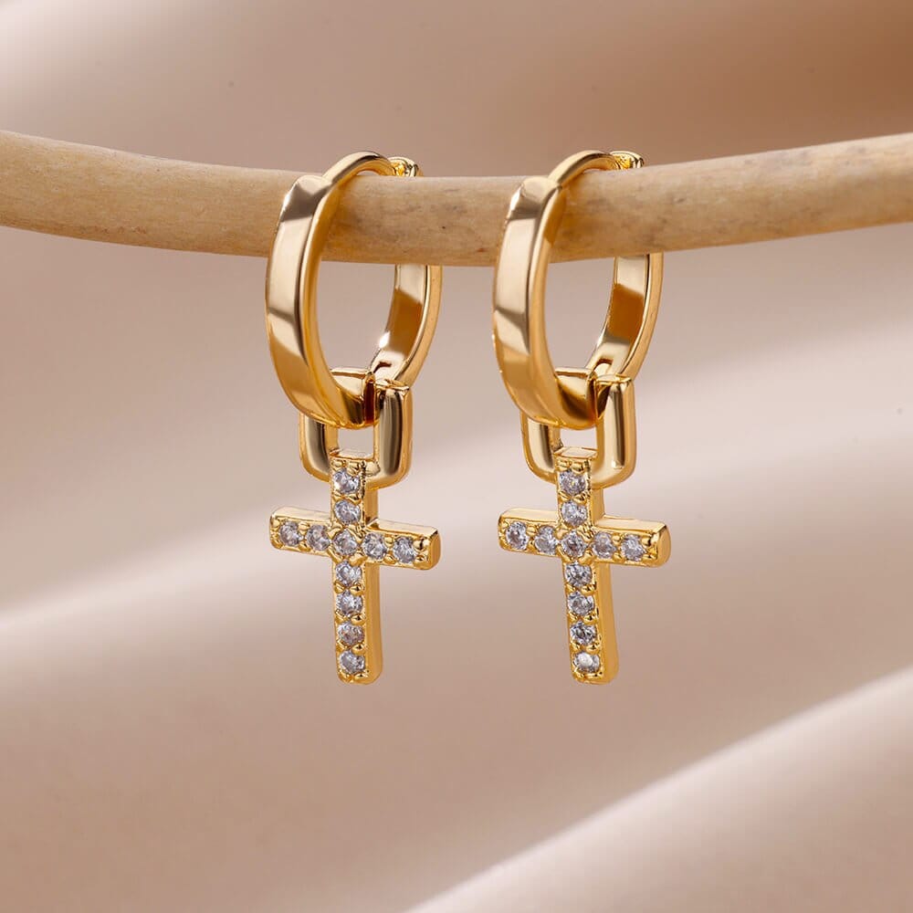 Gold Cross Drop Hoop Earrings, 18K Gold Crucifix Dangle Earrings, Christian Cross Earrings for Women, Cute Dainty Religious, Gift for Her