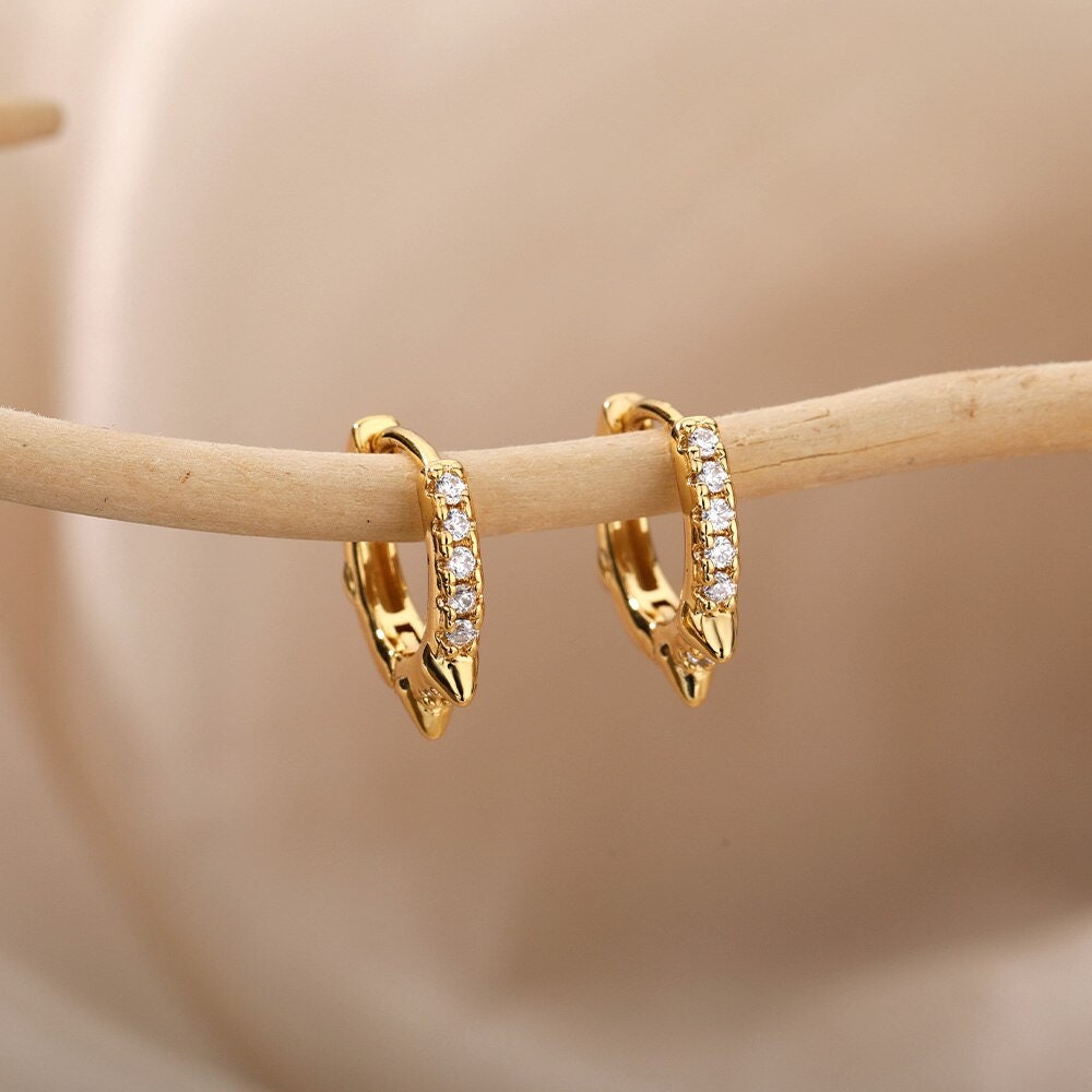 Punk Spike Hoop Earrings, Gold Spike Circle Earrings, 18K Gold Spiked Hoops, Dainty Cubic Zirconia Minimalist Hoops for Women, Gift for Her