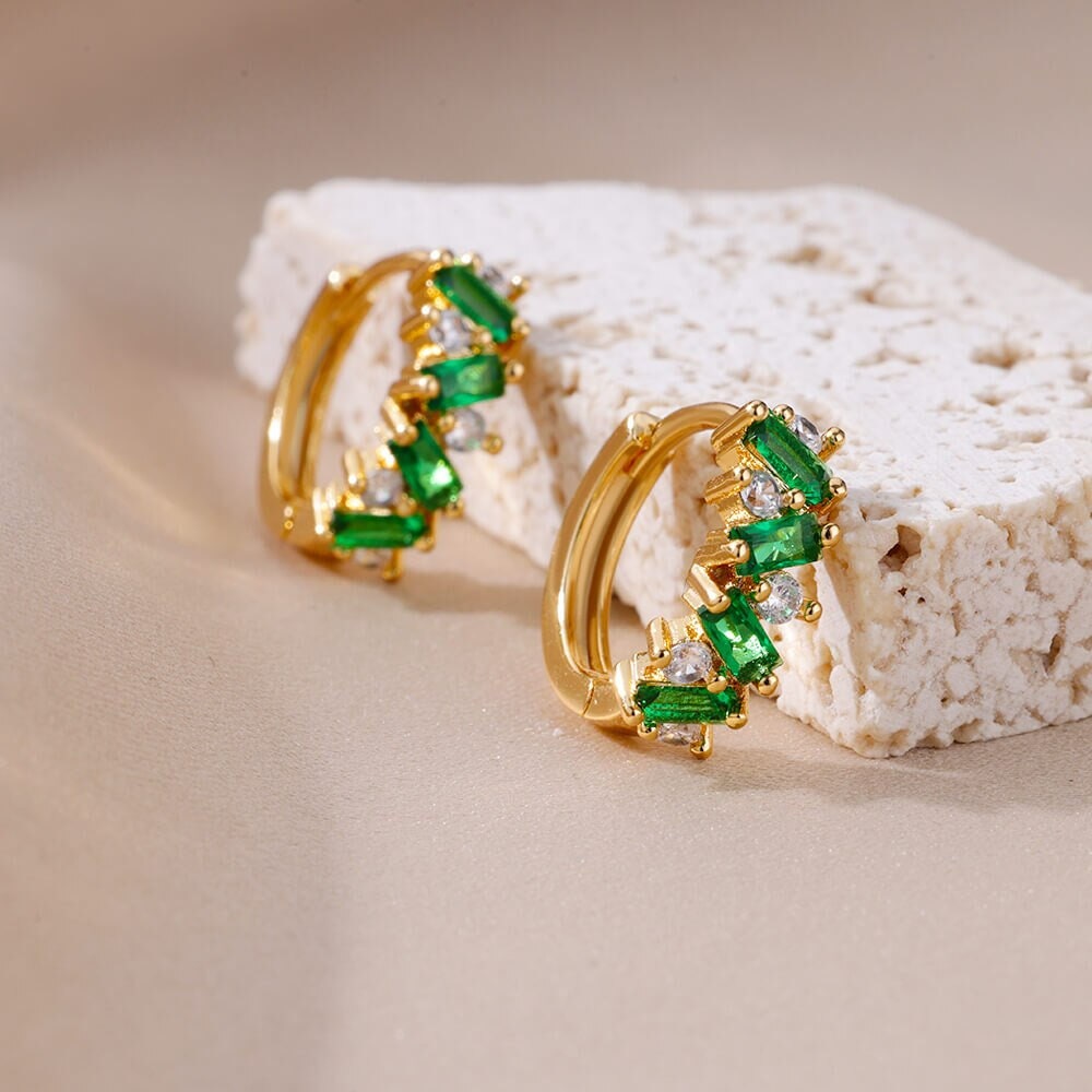 Boho Green Cubic Zirconia Hoop Earrings, Gold Zircon Hoops, 18K Gold Hoop Earrings, Dainty Minimalist Green Earrings for Women, Gift for Her