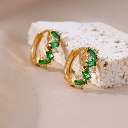 Boho Green Cubic Zirconia Hoop Earrings, Gold Zircon Hoops, 18K Gold Hoop Earrings, Dainty Minimalist Green Earrings for Women, Gift for Her