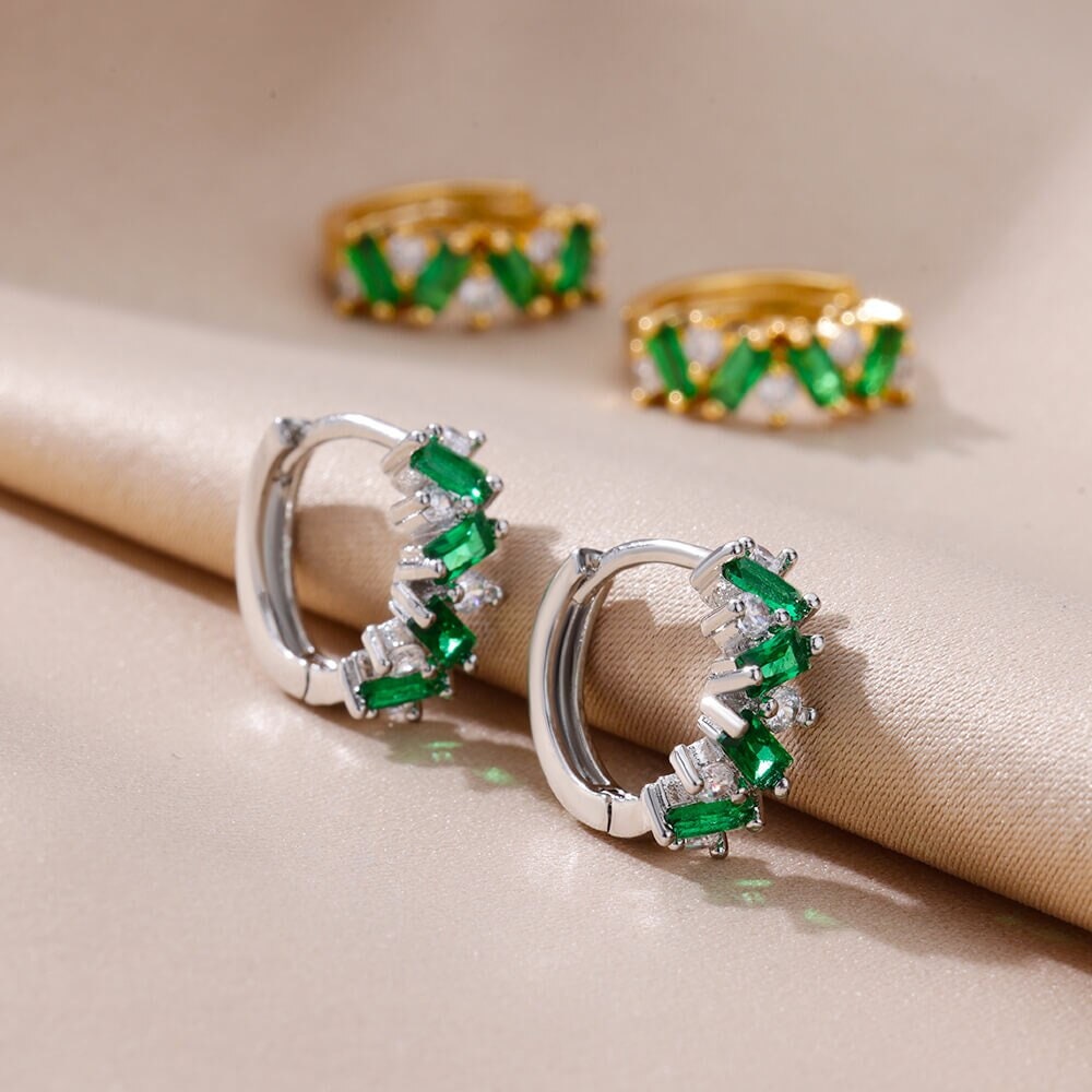 Boho Green Cubic Zirconia Hoop Earrings, Gold Zircon Hoops, 18K Gold Hoop Earrings, Dainty Minimalist Green Earrings for Women, Gift for Her