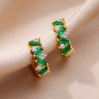 Boho Green Cubic Zirconia Hoop Earrings, Gold Zircon Hoops, 18K Gold Hoop Earrings, Dainty Minimalist Green Earrings for Women, Gift for Her