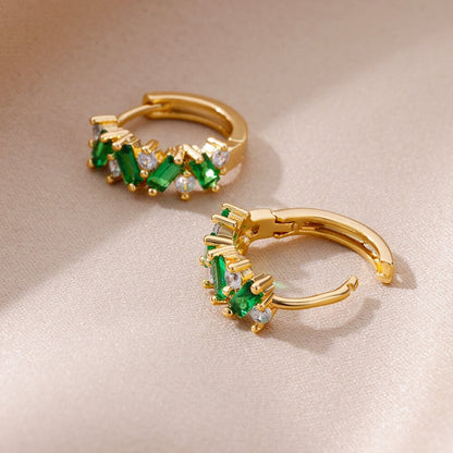 Boho Green Cubic Zirconia Hoop Earrings, Gold Zircon Hoops, 18K Gold Hoop Earrings, Dainty Minimalist Green Earrings for Women, Gift for Her