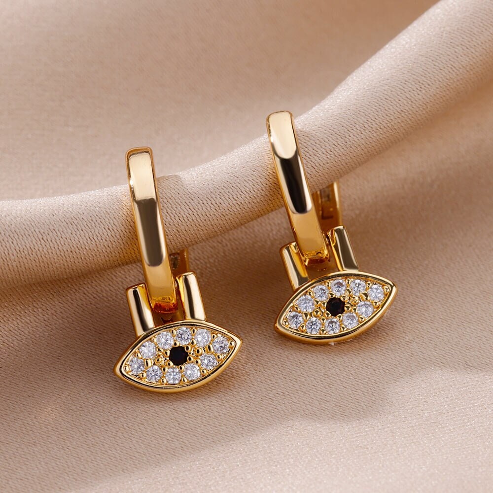 Punk Evil Eye Drop Earrings, 18K Gold Evil Eye Hoop Earrings, Dainty Cubic Zirconia Dangle Protection Earrings for Women, Gift for Her