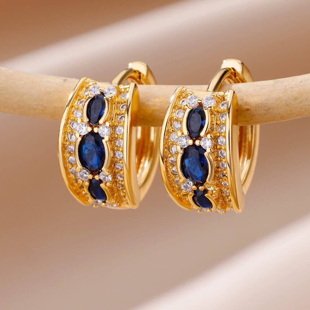 Punk Blue Cubic Zirconia Hoop Earrings, Gold Circle Crystal Earrings, 18K Gold Luxury Hoops, Boho Dainty for Women, Gift for Her