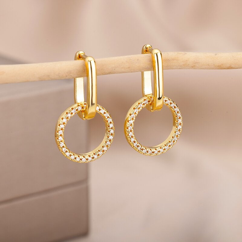Boho Dainty Round Drop Hoop Earrings, Gold Round Dangle Earrings, 18K Gold Cubic Zirconia Circle Earrings, Dainty Minimalist for Women