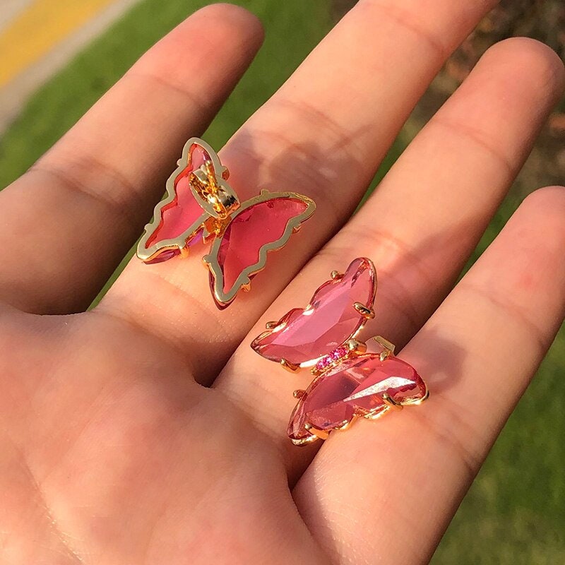 Boho Butterfly Cubic Zirconia Stud Earrings, Gold Butterfly Pink Zircon Earrings, 18K Gold, Dainty Punk Minimalist for Women, Gift for Her