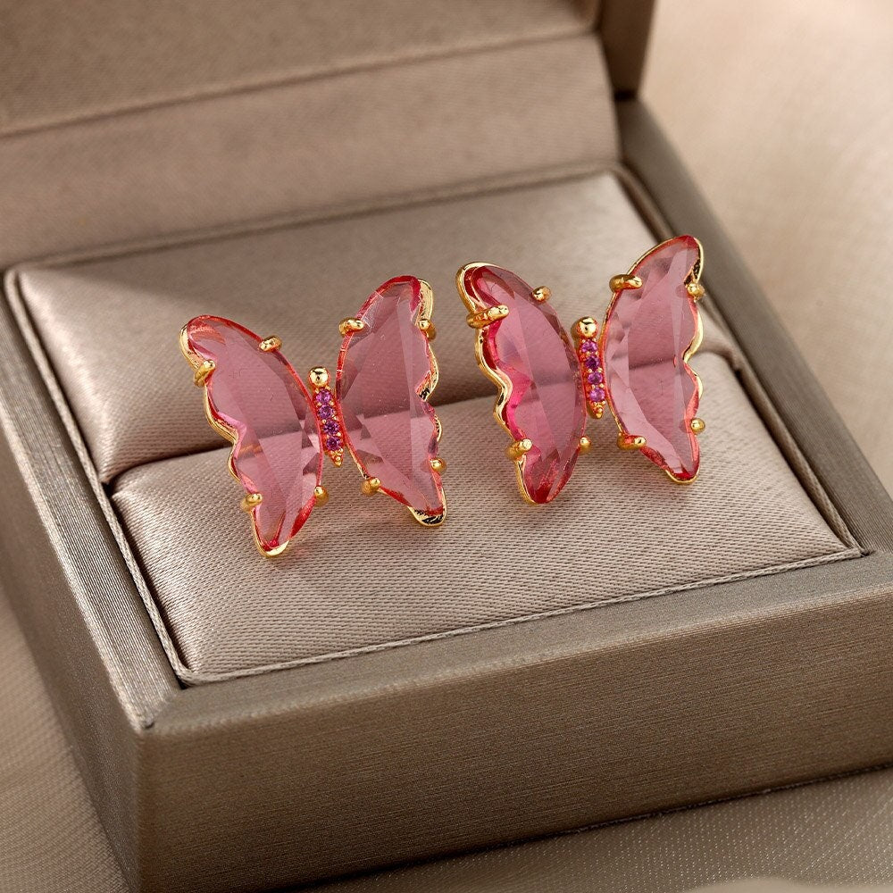 Boho Butterfly Cubic Zirconia Stud Earrings, Gold Butterfly Pink Zircon Earrings, 18K Gold, Dainty Punk Minimalist for Women, Gift for Her
