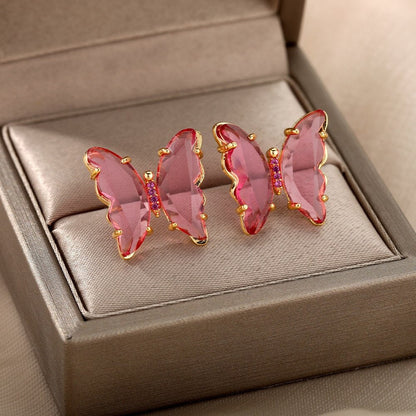 Boho Butterfly Cubic Zirconia Stud Earrings, Gold Butterfly Pink Zircon Earrings, 18K Gold, Dainty Punk Minimalist for Women, Gift for Her