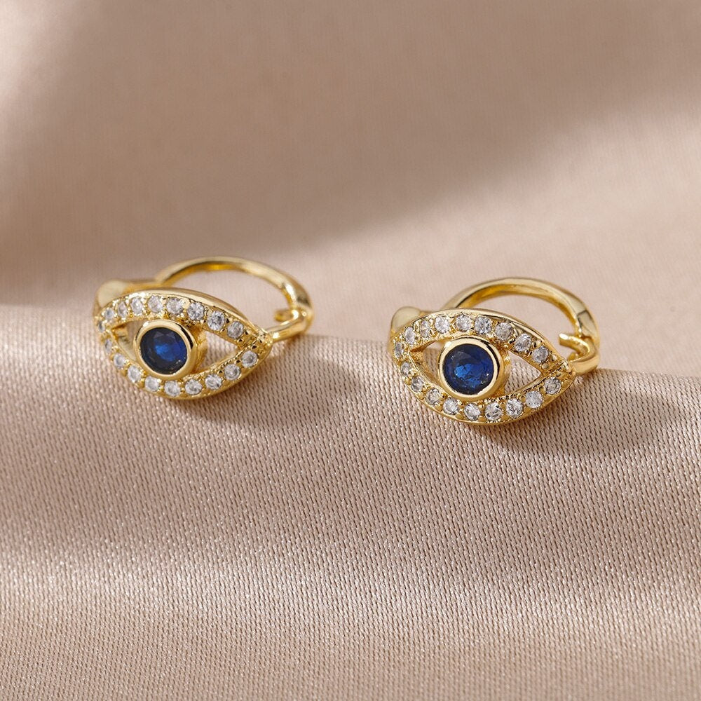Punk Evil Eye Hoop Earrings, Gold Evil Eye Hoop Earrings, 18K Gold Eye Earrings, Gothic Cubic Zirconia Hoops for Women, Gift for Her