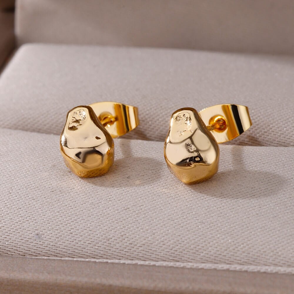 Boho Dainty Organic Stud Earrings, Gold Punk Irregular Studs, 18K Gold Plated Earrings, Minimalist Luxury for Women, Gift for Her