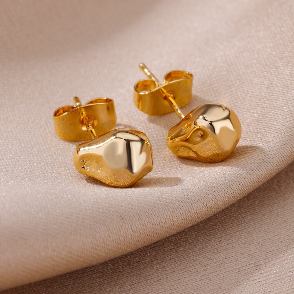 Boho Dainty Organic Stud Earrings, Gold Punk Irregular Studs, 18K Gold Plated Earrings, Minimalist Luxury for Women, Gift for Her