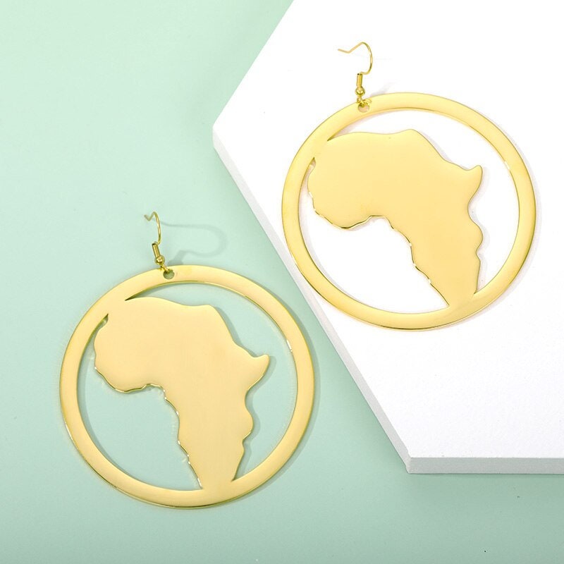 Ethnic Africa Continent Drop Earrings, Gold African Earrings, 18K Gold Africa Dangle Earrings, Boho Earrings for Women, Gift for Her