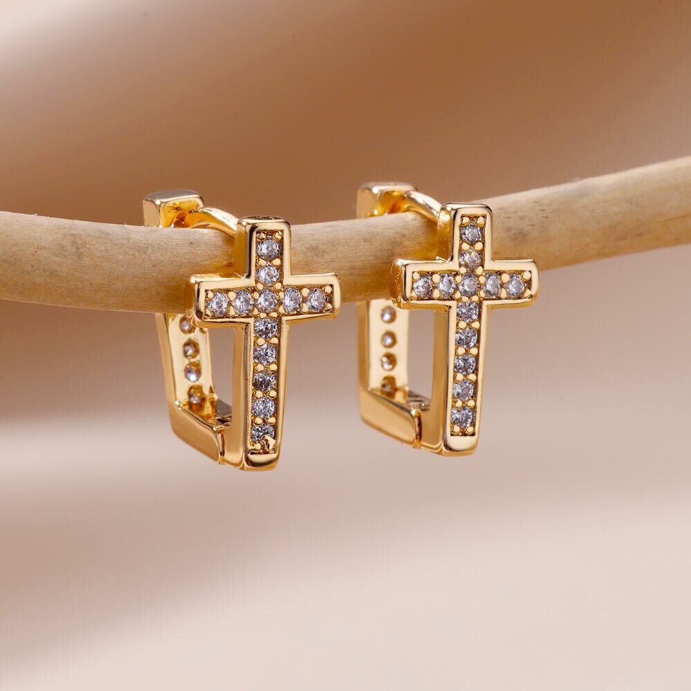 Christian Cross Hoop Earrings, Gold Christian Earrings, 18K Gold Cubic Zirconia Cross, Religious Catholic Dainty Minimalist, Gift for Her