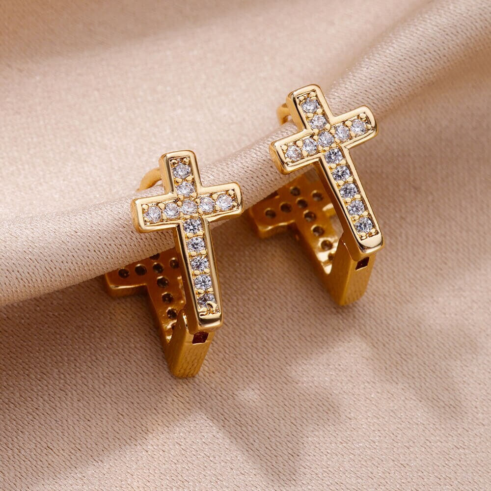 Christian Cross Hoop Earrings, Gold Christian Earrings, 18K Gold Cubic Zirconia Cross, Religious Catholic Dainty Minimalist, Gift for Her