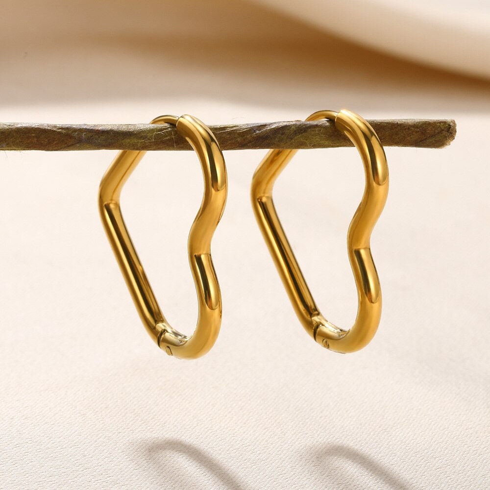 Boho Heart Hoop Earrings, Punk Heart Hoop Earrings,  Cute Heart Earrings, 18K Gold, Dainty Minimalist for Women, Gift for Her