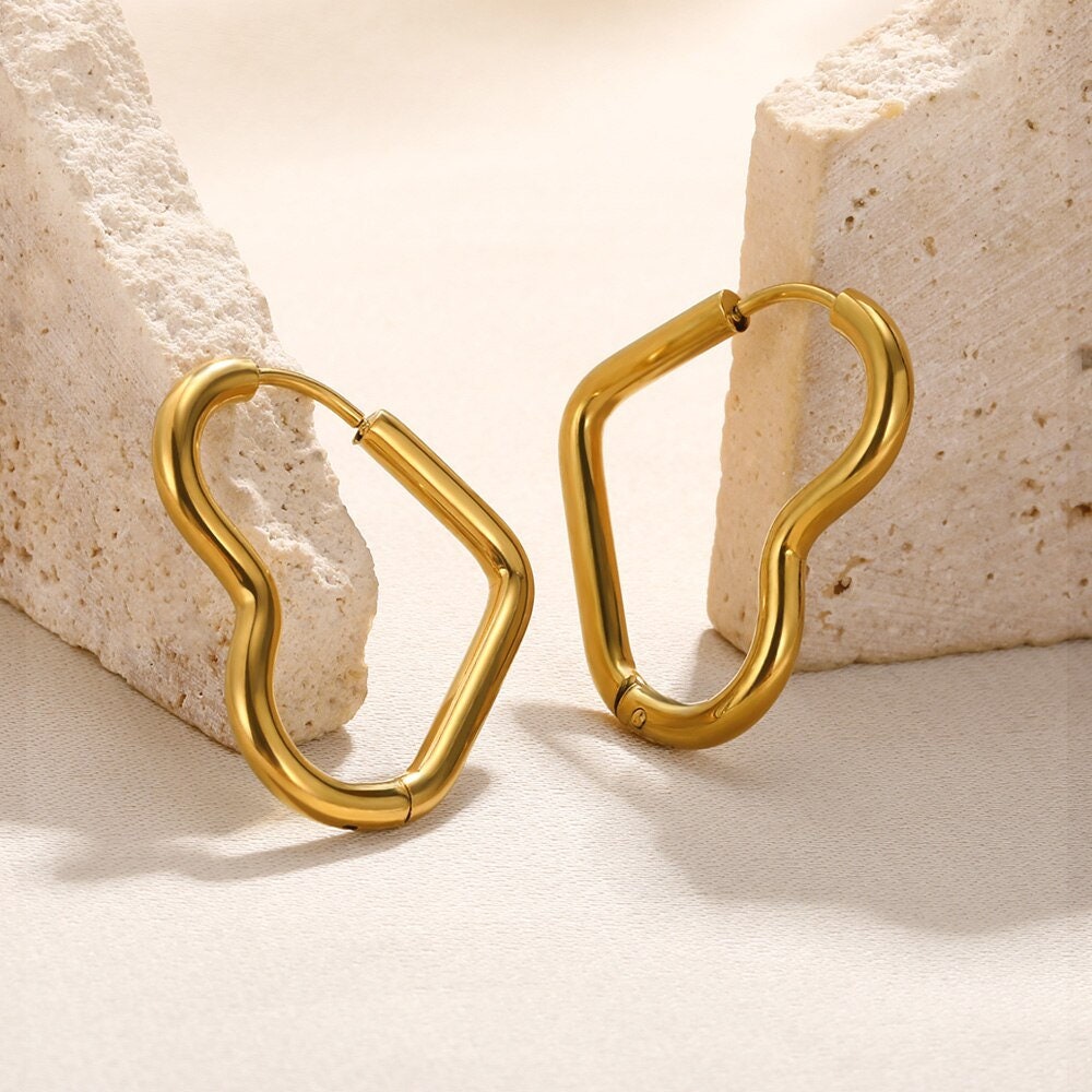 Boho Heart Hoop Earrings, Punk Heart Hoop Earrings,  Cute Heart Earrings, 18K Gold, Dainty Minimalist for Women, Gift for Her