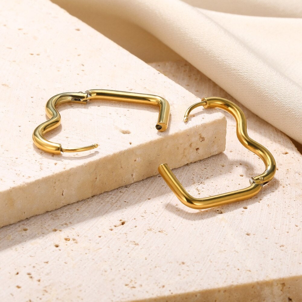 Boho Heart Hoop Earrings, Punk Heart Hoop Earrings,  Cute Heart Earrings, 18K Gold, Dainty Minimalist for Women, Gift for Her