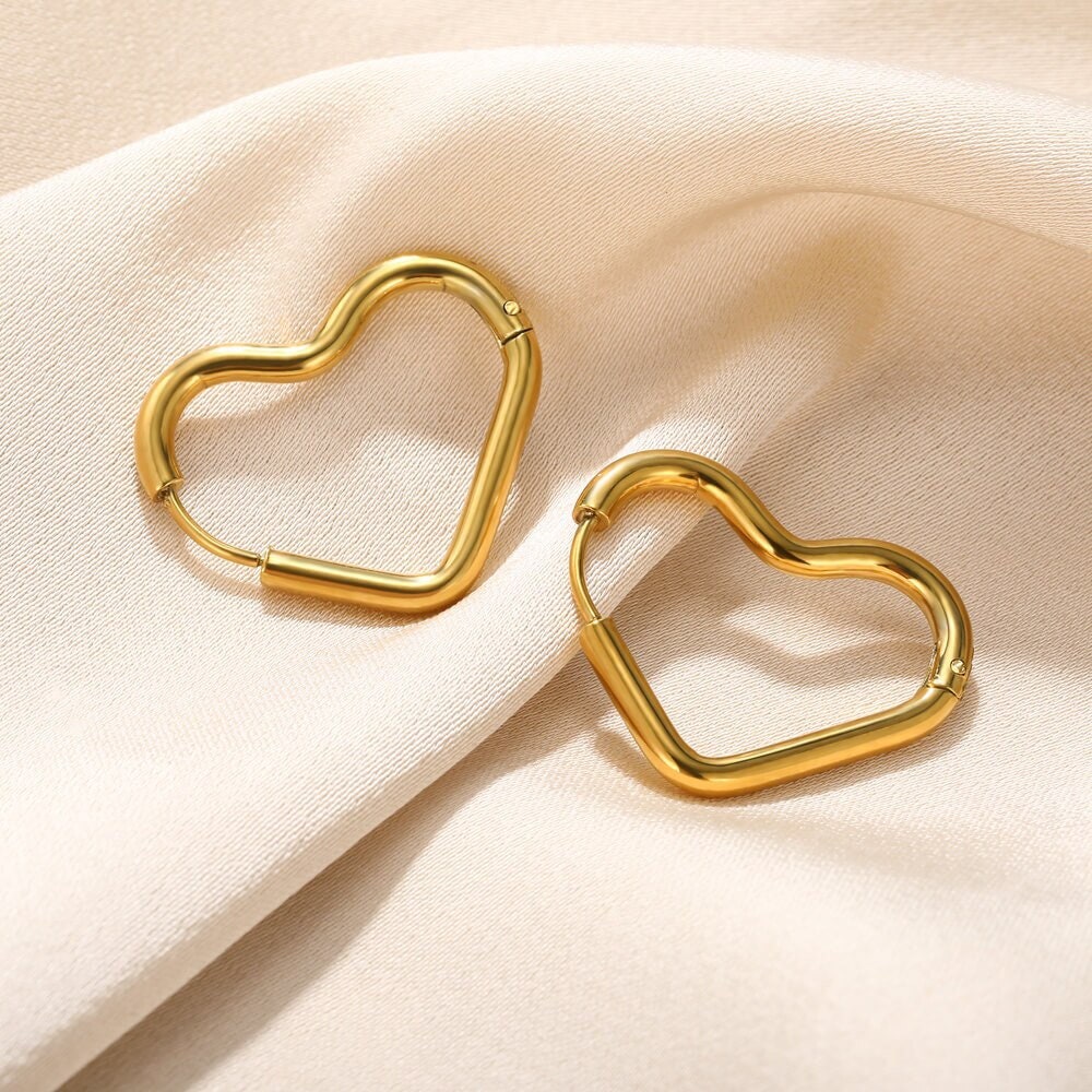 Boho Heart Hoop Earrings, Punk Heart Hoop Earrings,  Cute Heart Earrings, 18K Gold, Dainty Minimalist for Women, Gift for Her