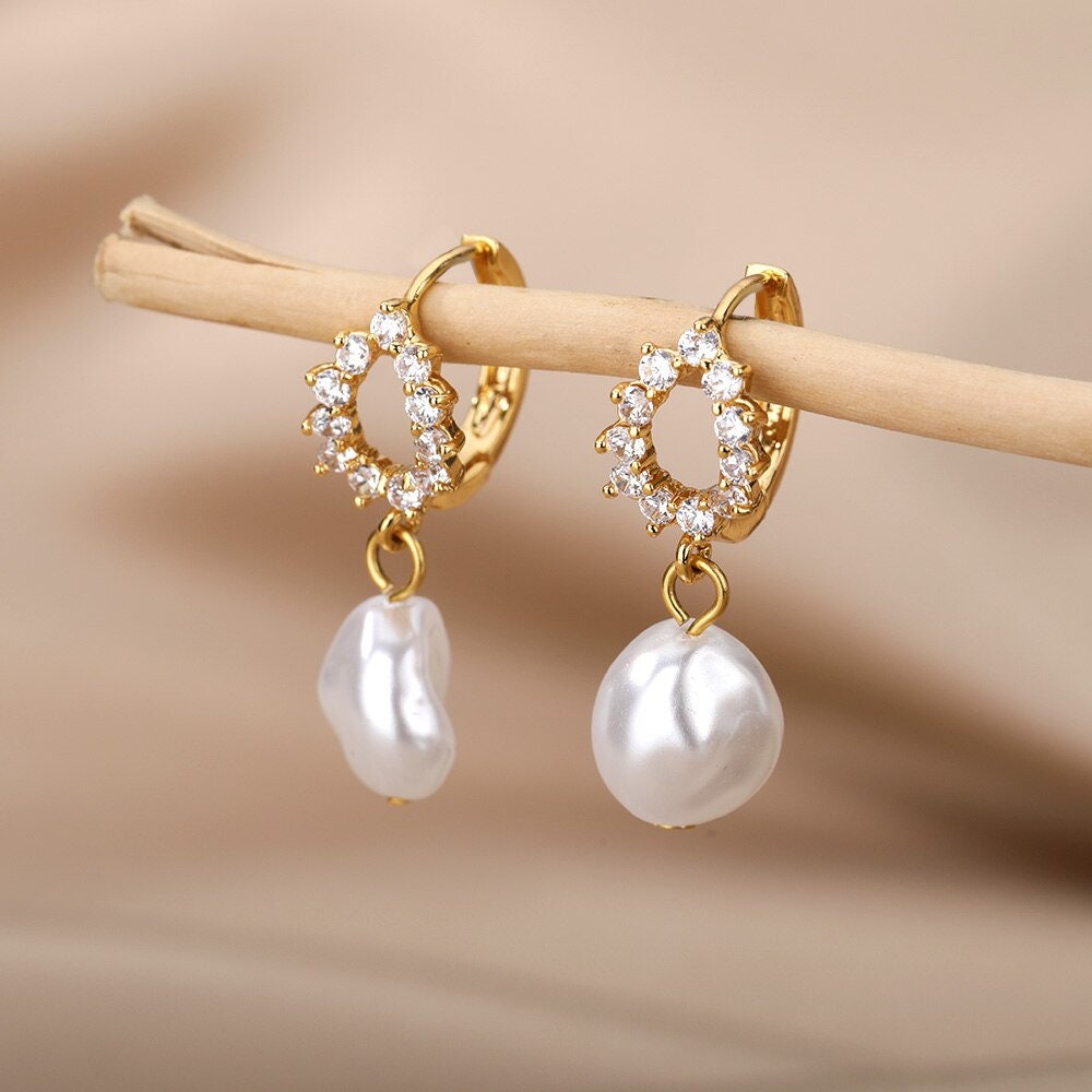 Boho Pearl Drop Earrings, Gold Pearl Drop Earrings, 18K Gold Pearl Hoop Earrings, Cubic Zirconia Dangle Dainty Minimalist, Gift for Her