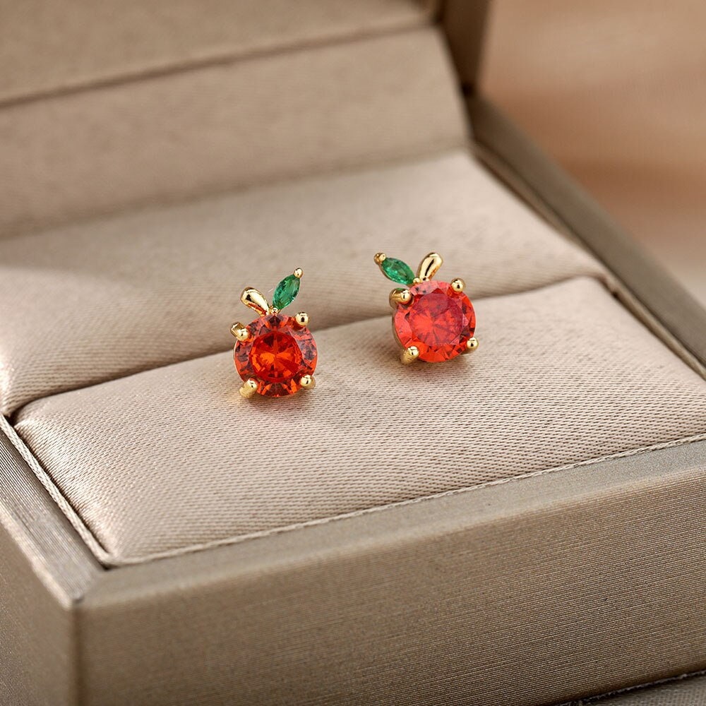 Boho Apple Stud Earrings, Gold Apple Studs, 18K Gold, Punk Cubic Zirconia Crystal Dainty Minimalist for Women, Gift for Her