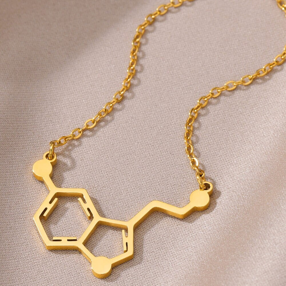 Punk Serotonin Hormone Molecule Pendant, Gold Serotonin Necklace, 18K Gold, Doctor Nurse Boho Dainty Minimalist for Women, Gift for Her