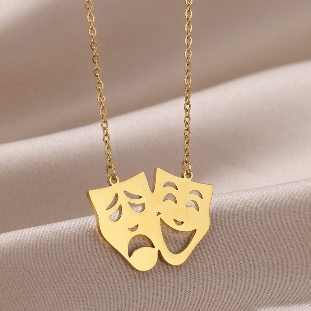 Comedy Tragedy Masks Pendant, Gold Greek Theater Necklace, 18K Gold, Dainty Minimalist Punk Artsy Performer for Women, Gift for Her