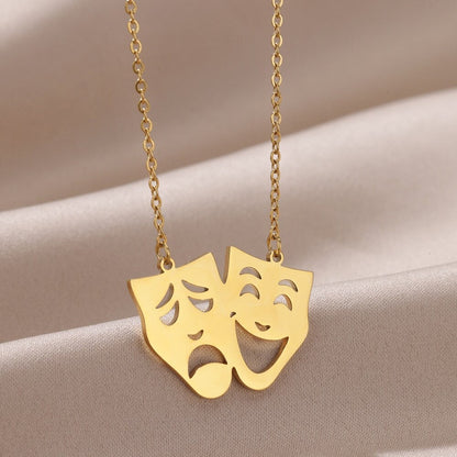 Comedy Tragedy Masks Pendant, Gold Greek Theater Necklace, 18K Gold, Dainty Minimalist Punk Artsy Performer for Women, Gift for Her