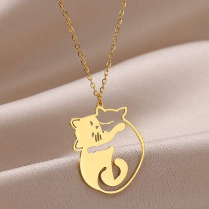 Punk Cute Love Cat Pendant, Gold Boho Double Cat Necklace, 18K Gold, Dainty Minimalist Animal Lovers for Women, Gift for Her
