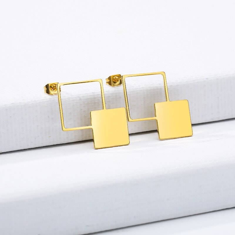 Boho Minimalist Square Earrings, Dainty Abstract Square Earrings, 18K Gold Square Studs, Artsy Artist Minimalist for Women, Gift for Her