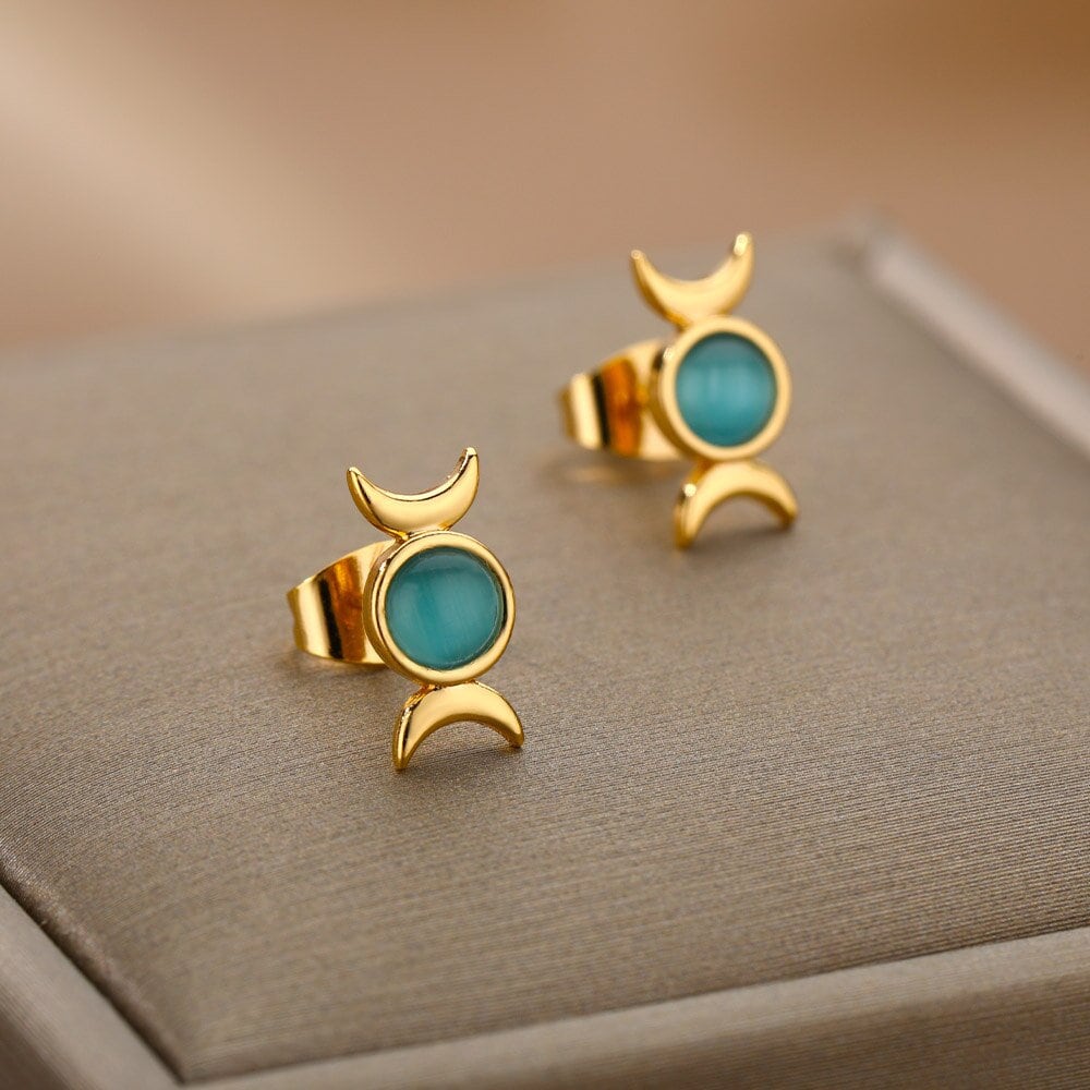 Punk Moon Goddess Earrings, Gold Opal Moon Earrings, 18K Gold Opal Studs, Punk Dainty Gothic Moon Minimalist Studs for Women, Gift for Her