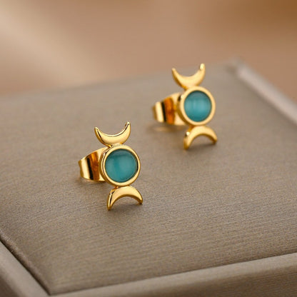 Punk Moon Goddess Earrings, Gold Opal Moon Earrings, 18K Gold Opal Studs, Punk Dainty Gothic Moon Minimalist Studs for Women, Gift for Her