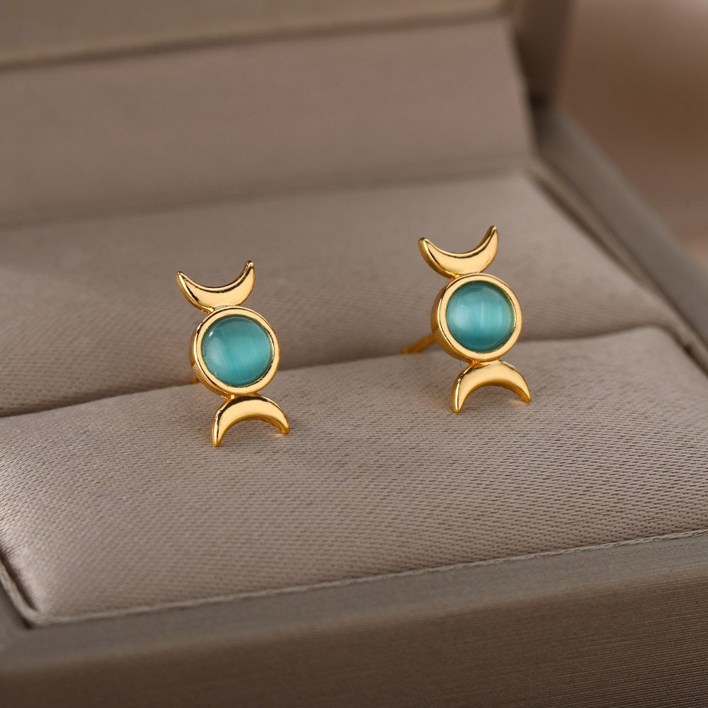 Punk Moon Goddess Earrings, Gold Opal Moon Earrings, 18K Gold Opal Studs, Punk Dainty Gothic Moon Minimalist Studs for Women, Gift for Her