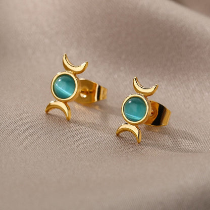 Punk Moon Goddess Earrings, Gold Opal Moon Earrings, 18K Gold Opal Studs, Punk Dainty Gothic Moon Minimalist Studs for Women, Gift for Her