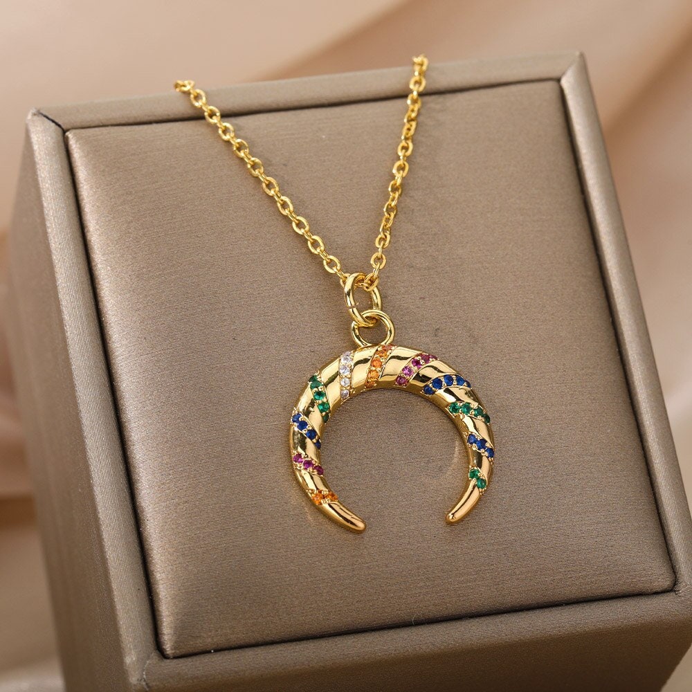 Punk Moon Pendant, Gold Moon Goddess Pendant, Enchantress Moon Pendant, 18K Gold Moon Necklace, Gothic Goddess for Women, Gift for Her