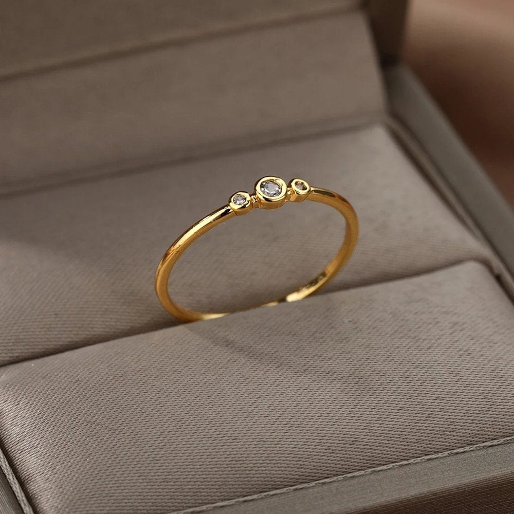 Dainty Cubic Zirconia Ring, Gold Engagement Style Band, 18K Gold, Boho Minimalist Wedding Ring for Women, Gift for Her