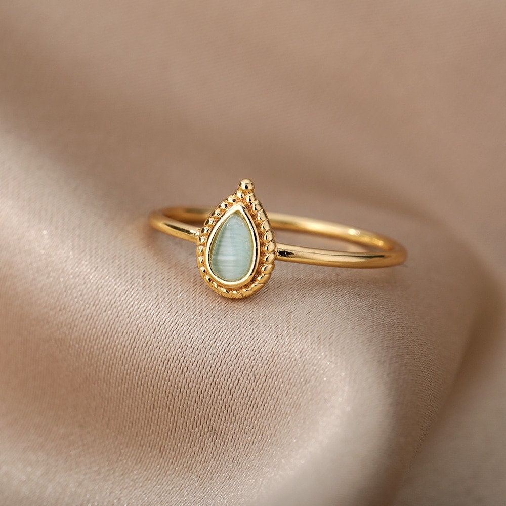Henna Dainty Water Drop Ring, Gold Henna Tear Drop Ring, 18K Gold Opal Ring, Dainty Boho Minimalist Ring for Women, Gift for Her