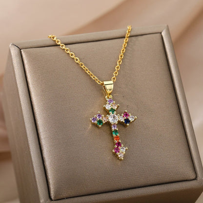 Cubic Zirconia Cross Pendant, Gold Christian Cross Necklace, 18K Gold Cross, Religious Catholic Dainty Minimalist for Women, Gift for Her