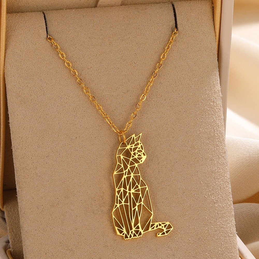 Cute Abstract Cat Pendant, Gold Cat Necklace, 18K Gold, Origami Dainty Minimalist Cat Jewelry for Women, Gift for Her