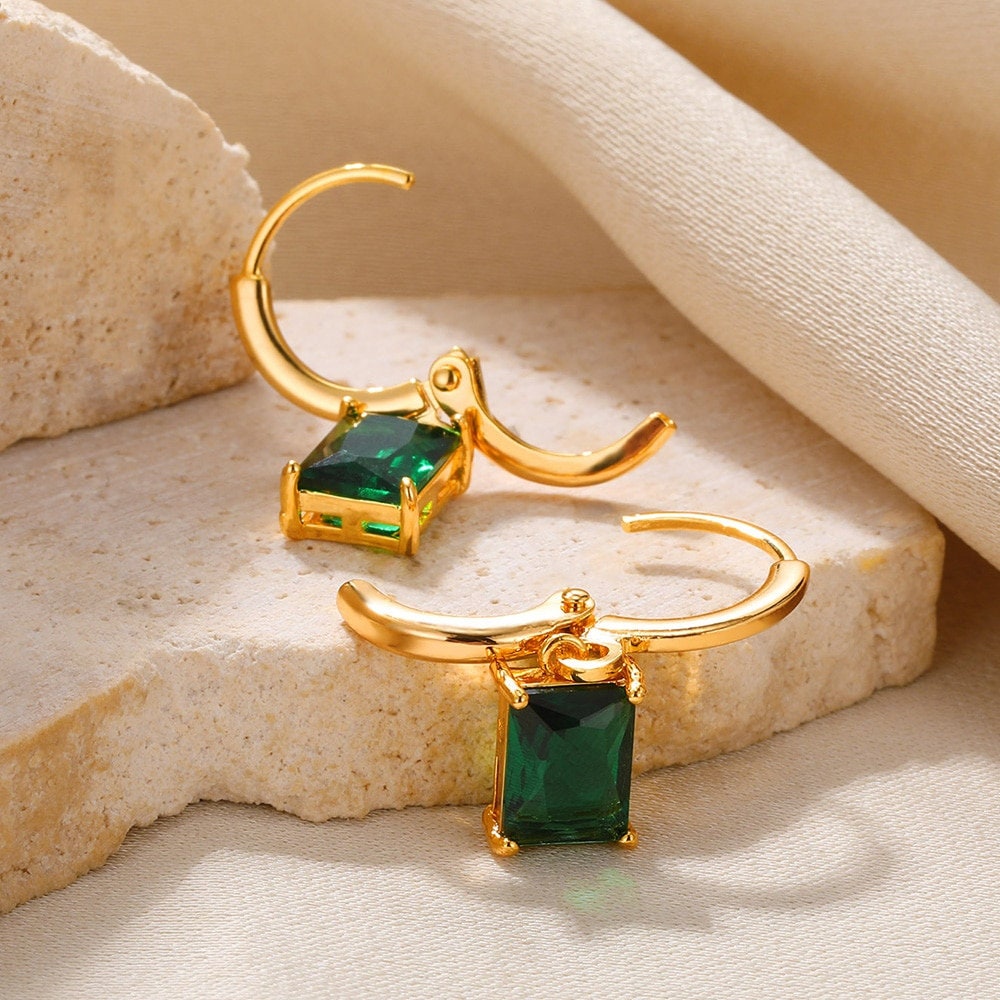 Dainty Crystal Drop Earrings, Gold Crystal Dangle Earrings, 18K Gold Square Hoops, Boho Cubic Zirconia Minimalist for Women, Gift for Her